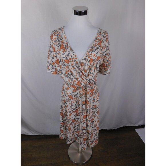 Fensace Large Cream Orange Floral Wrap V-Neck Midi Dress - Picture 2 of 11